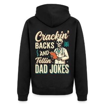 Rücken knacken und Vaterwitze erzählen – Chiro-Humor - Unisex Premium Bio Zip Hoodie - Schwarz - Hinten - Nico (187cm)