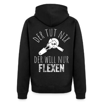Der tut nix, der will nur flexen – Weiß - Unisex Premium Bio Zip Hoodie - Schwarz - Hinten - Nico (187cm)