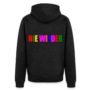 Nie wieder - Unisex Premium Bio Zip Hoodie - Schwarz - Hinten - Nico (187cm)