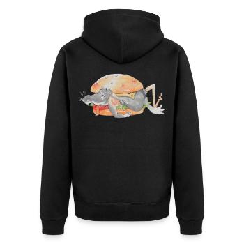 Ratfoodz' I can haz Ratzburger (Backprint) @ Ratz - Unisex Premium Bio Zip Hoodie - Schwarz - Hinten - Nico (187cm)