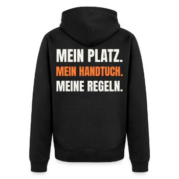 Sauna Humor: Mein Platz, mein Handtuch - Unisex Premium Bio Zip Hoodie - Schwarz - Hinten - Nico (187cm)