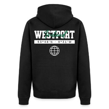 Westport Irland Koordinaten Reise Souvenir - Unisex Premium Bio Zip Hoodie - Schwarz - Hinten - Nico (187cm)