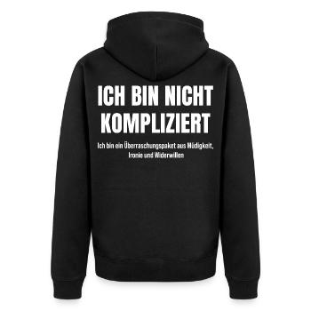Ironisch, müde, genervt – trotzdem charmant - Unisex Premium Bio Zip Hoodie - Schwarz - Hinten - Nico (187cm)