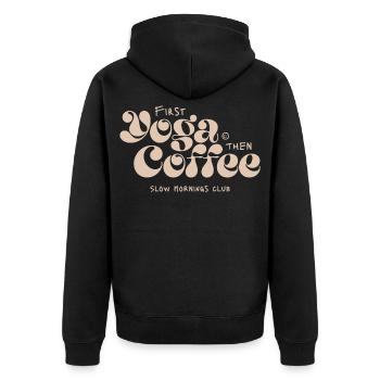 Yoga zuerst, Kaffee danach - Unisex Premium Bio Zip Hoodie - Schwarz - Hinten - Nico (187cm)
