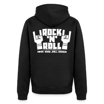 Rock'N'Roll-klobiger Text mit Fingerhörnern - Unisex Premium Bio Zip Hoodie - Schwarz - Hinten - Nico (187cm)