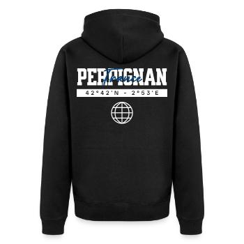 Perpignan Frankreich Koordinaten Reise Souvenir - Unisex Premium Bio Zip Hoodie - Schwarz - Hinten - Nico (187cm)