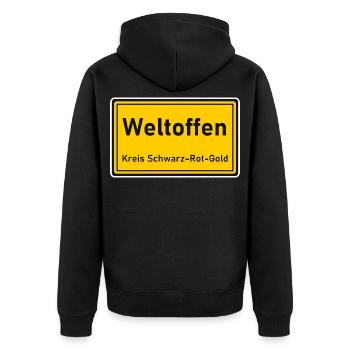 Ortsschild Weltoffen - Kreis Schwarz-Rot-Gold - Unisex Premium Bio Zip Hoodie - Schwarz - Hinten - Nico (187cm)
