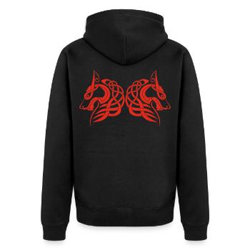 Rote Zwillingswölfe - Unisex Premium Bio Zip Hoodie - Schwarz - Hinten - Nico (187cm)