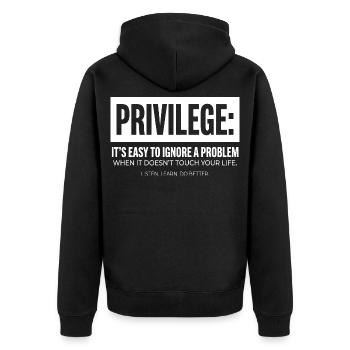 Déclaration de privilège Typographie Motif du texte - Veste à capuche bio Premium Unisexe - noir - Dos - Nico (187cm)