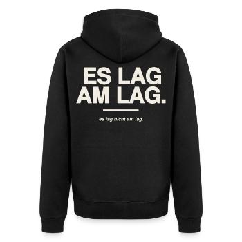 Es lag am Lag - Zocker Spruch Gaming Ausrede - Unisex Premium Bio Zip Hoodie - Schwarz - Hinten - Nico (187cm)