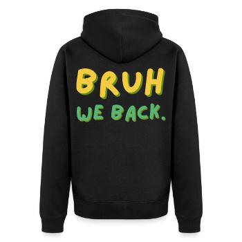 Bruh We Back Schriftzug Retro - Unisex Premium Bio Zip Hoodie - Schwarz - Hinten - Nico (187cm)