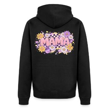 MAMA Retro Checkerboard and Pastel Flowers | Chic - Unisex Premium Organic Zip Hoodie - black - Back - Nico (187cm)