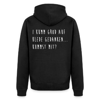 I kumm grod auf blede Gedanken, kummst mit? Spruch - Unisex Premium Bio Zip Hoodie - Schwarz - Hinten - Nico (187cm)