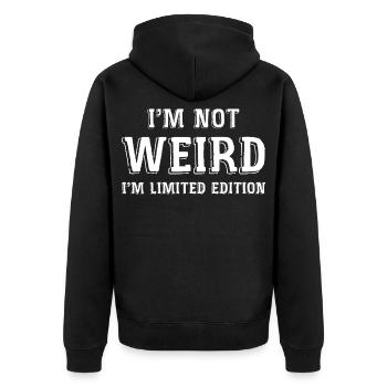 Ich bin nicht seltsam, ich bin limitiert - Unisex Premium Bio Zip Hoodie - Schwarz - Hinten - Nico (187cm)