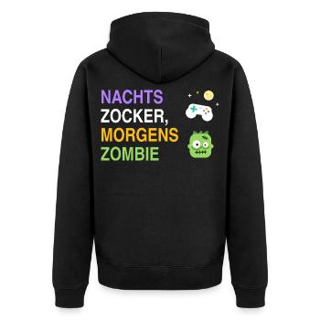 Nachts Zocker, morgens Zombie – Gamer Spruch - Unisex Premium Bio Zip Hoodie - Schwarz - Hinten - Nico (187cm)