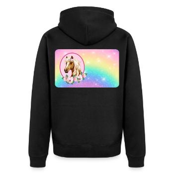 Pferd mit Blumen und Glitter Regenbogen  - Unisex Premium Bio Zip Hoodie - Schwarz - Hinten - Nico (187cm)