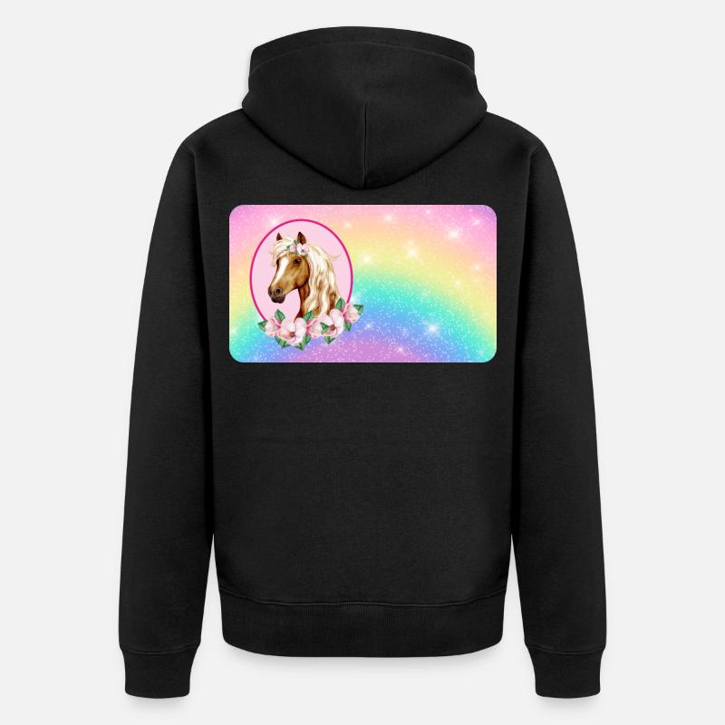 Pferd mit Blumen und Glitter Regenbogen - Unisex Premium Bio Zip Hoodie - Schwarz