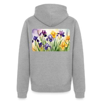 Iris Romantiques - Aquarelles - Veste à capuche bio Premium Unisexe - gris chiné - Dos - Nico (187cm)