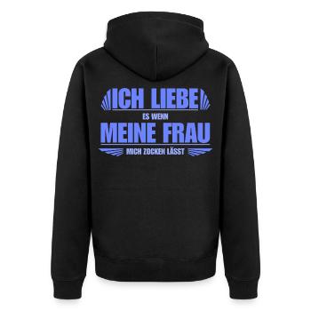 Ich liebe es wenn meine Frau mich zocken lässt - Unisex Premium Bio Zip Hoodie - Schwarz - Hinten - Nico (187cm)