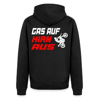 Gas_auf_Hirn_aus - Unisex Premium Bio Zip Hoodie - Schwarz - Hinten - Nico (187cm)