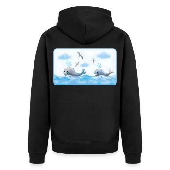 Wale im blauen Meer - handgemalt Wasserfarben - Unisex Premium Bio Zip Hoodie - Schwarz - Hinten - Nico (187cm)