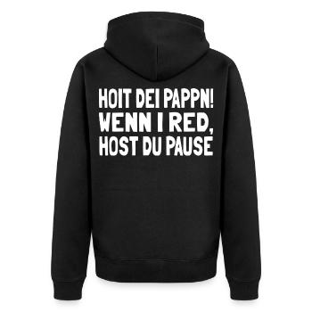 Hoit dei Pappn - Unisex Premium Bio Zip Hoodie - Schwarz - Hinten - Nico (187cm)