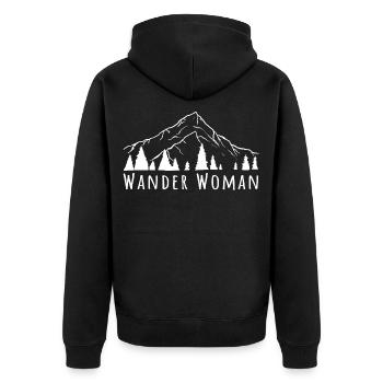 Wander Woman – Lustiges Berg & Outdoor Spruchmotiv - Unisex Premium Bio Zip Hoodie - Schwarz - Hinten - Nico (187cm)