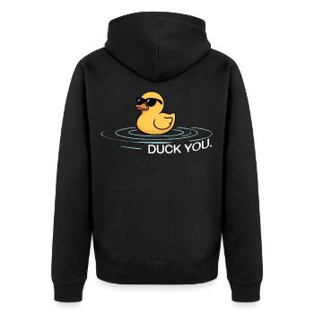 Duck You – Fuck You Spruch Ente - Unisex Premium Bio Zip Hoodie - Schwarz - Hinten - Nico (187cm)