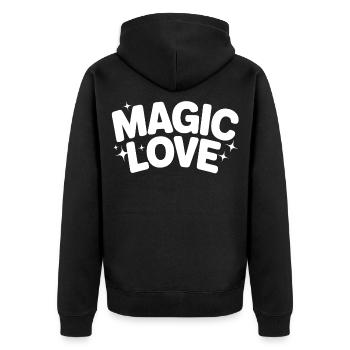Magische Liebe Schriftzug - Unisex Premium Bio Zip Hoodie - Schwarz - Hinten - Nico (187cm)