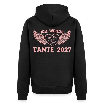 Ich werde Tante 2027 Schwangerschaft Ankündigen - Unisex Premium Bio Zip Hoodie - Schwarz - Hinten - Nico (187cm)