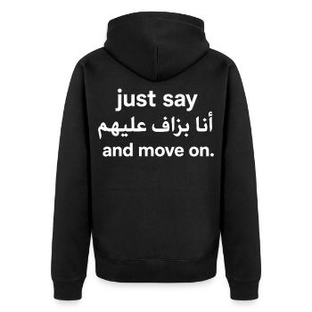 Sag einfach Ana Bzaf 3lihom Humorzitat - Unisex Premium Bio Zip Hoodie - Schwarz - Hinten - Nico (187cm)