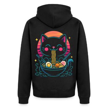 Kawaii Ramen Katze - Unisex Premium Bio Zip Hoodie - Schwarz - Hinten - Nico (187cm)