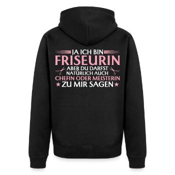 Friseurin Chefin oder Meisterin - Unisex Premium Bio Zip Hoodie - Schwarz - Hinten - Nico (187cm)
