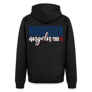 Norwegen Angeln Tour 2026 - Angler Geschenk - Unisex Premium Bio Zip Hoodie - Schwarz - Hinten - Nico (187cm)