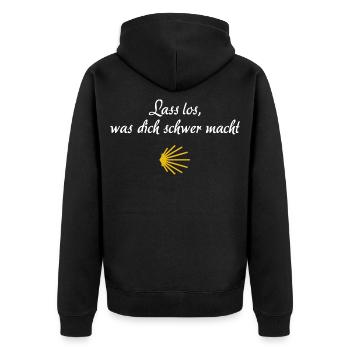 Lass los was dich schwer macht | Jakobsweg Pilger - Unisex Premium Bio Zip Hoodie - Schwarz - Hinten - Nico (187cm)
