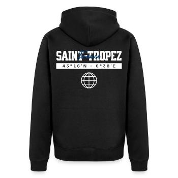 Saint-Tropez Frankreich Koordinaten Reise Souvenir - Unisex Premium Bio Zip Hoodie - Schwarz - Hinten - Nico (187cm)
