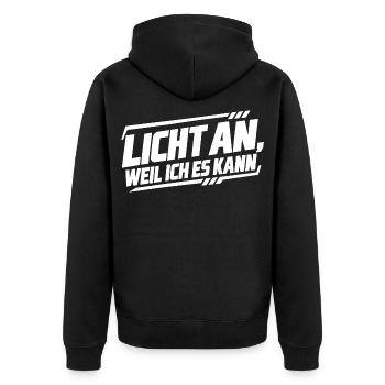 Veranstaltungstechnik Licht an. Weil ich es kann - Unisex Premium Bio Zip Hoodie - Schwarz - Hinten - Nico (187cm)