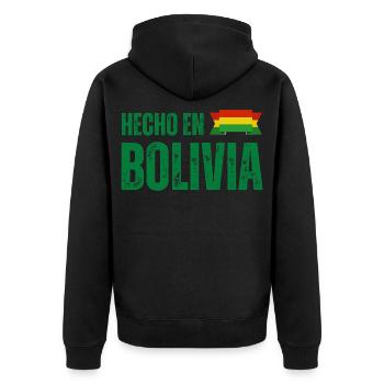 Hergestellt in Bolivien, bolivianischer Stolz - Unisex Premium Bio Zip Hoodie - Schwarz - Hinten - Nico (187cm)