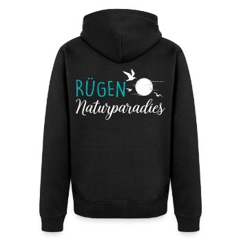 Insel RÜGEN NATURPARADIES Rügen Urlaub Lustig - Unisex Premium Bio Zip Hoodie - Schwarz - Hinten - Nico (187cm)