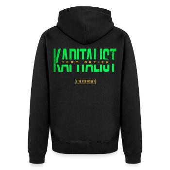 Kapitalist Team Aktien - Unisex Premium Bio Zip Hoodie - Schwarz - Hinten - Nico (187cm)