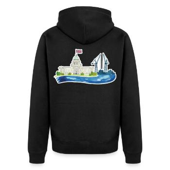 Belfast Skyline City Hall & Cranes UK - Unisex Premium Bio Zip Hoodie - Schwarz - Hinten - Nico (187cm)
