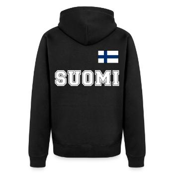 FINNLAND - SUOMI Trikot Look - Flagge auf Brust - Unisex Premium Bio Zip Hoodie - Schwarz - Hinten - Nico (187cm)