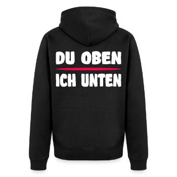 Lustiges Flirtshirt – Du oben ich unten Spruch - Unisex Premium Bio Zip Hoodie - Schwarz - Hinten - Nico (187cm)