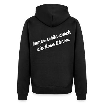 HN Durch die Hose Atmen - Script - Unisex Premium Bio Zip Hoodie - Schwarz - Hinten - Nico (187cm)