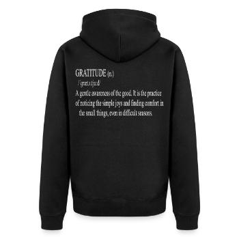 Dankbarkeit Typo Schwarzweiß Zitat - Unisex Premium Bio Zip Hoodie - Schwarz - Hinten - Nico (187cm)