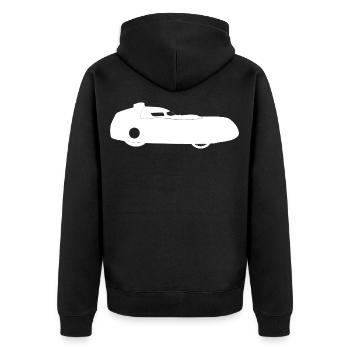 Velomobil Evolution Lustig Velomobilist Liegerad - Unisex Premium Bio Zip Hoodie - Schwarz - Hinten - Nico (187cm)