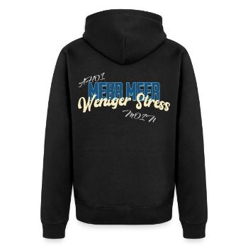 Mehr Meer Weniger Stress – Nordsee Moin Ahoi - Unisex Premium Bio Zip Hoodie - Schwarz - Hinten - Nico (187cm)