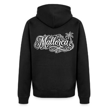 Mallorca Schrift Palmen - Unisex Premium Bio Zip Hoodie - Schwarz - Hinten - Nico (187cm)