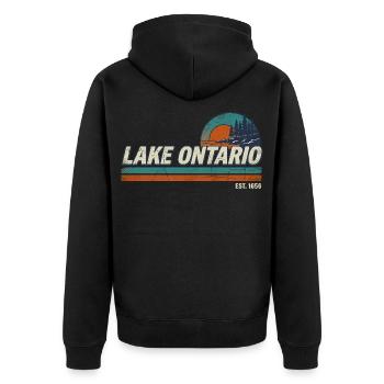Lake Ontario EST 1656  - Unisex Premium Bio Zip Hoodie - Schwarz - Hinten - Nico (187cm)