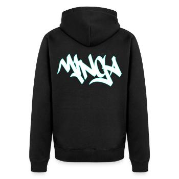 Minga Graffiti Neon Outline München - Unisex Premium Bio Zip Hoodie - Schwarz - Hinten - Nico (187cm)
